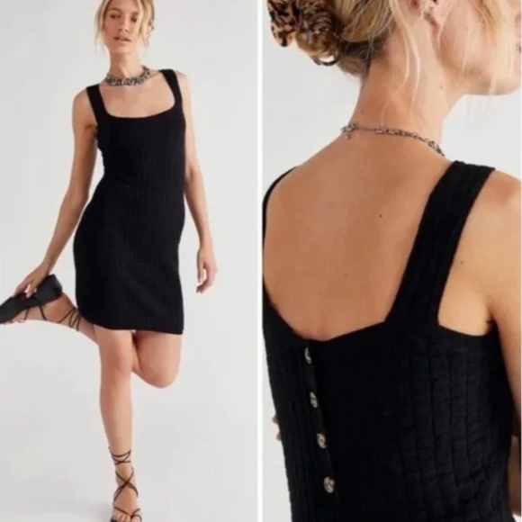 Free People Beach Black Waffle Knit Sleeveless Mini Dress SZ Med - Picture 2 of 12